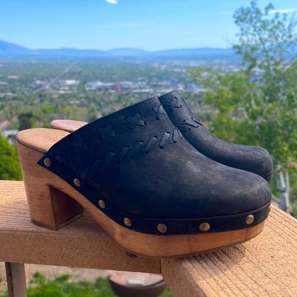 “Amelia” Five Worlds by Cordani, black suede platform clogs. New from Sundance
